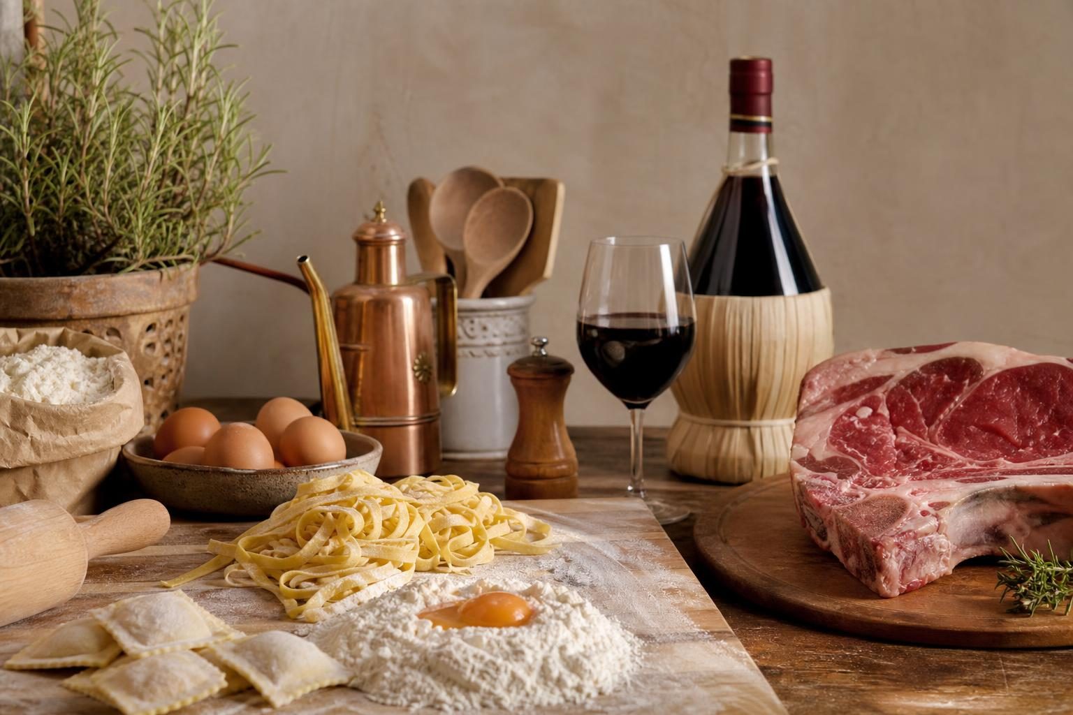 Farina, mattarello e pasta fresca in lavorazione