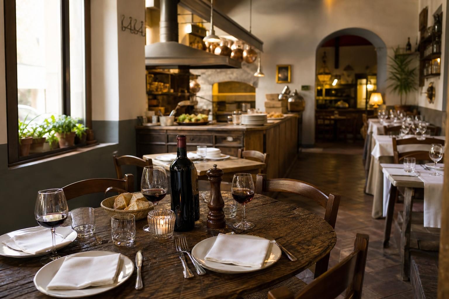 Lo spazio della Trattoria del Borgo con i tavoli apparecchiati