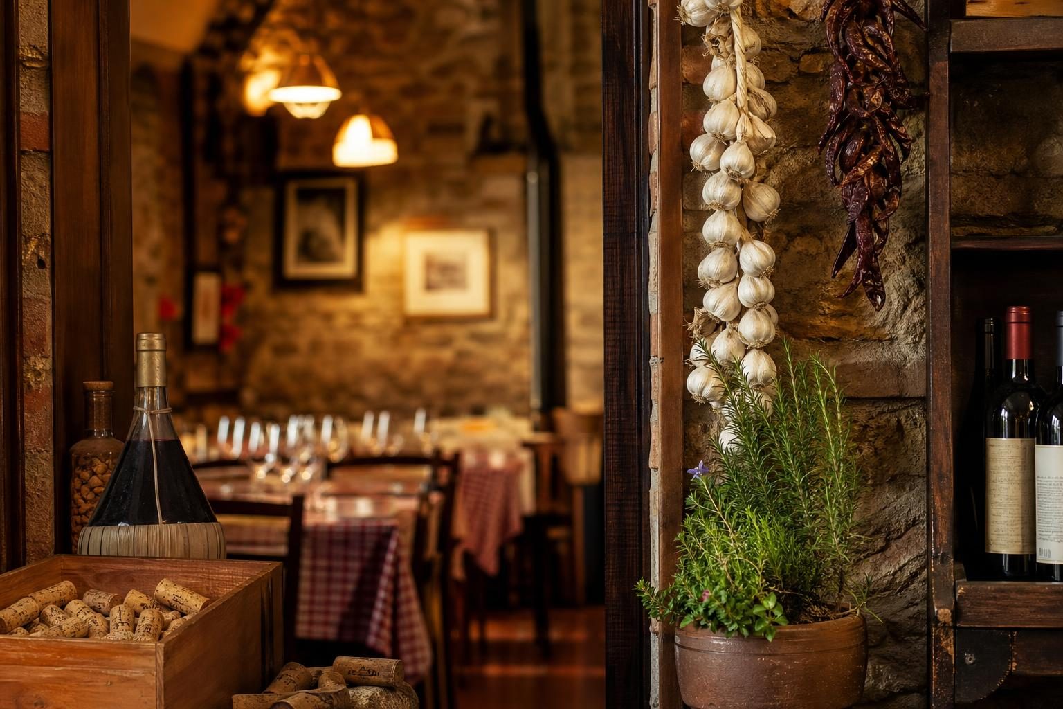 Ambiente della trattoria: tavoli, luce soffusa e dettagli in legno