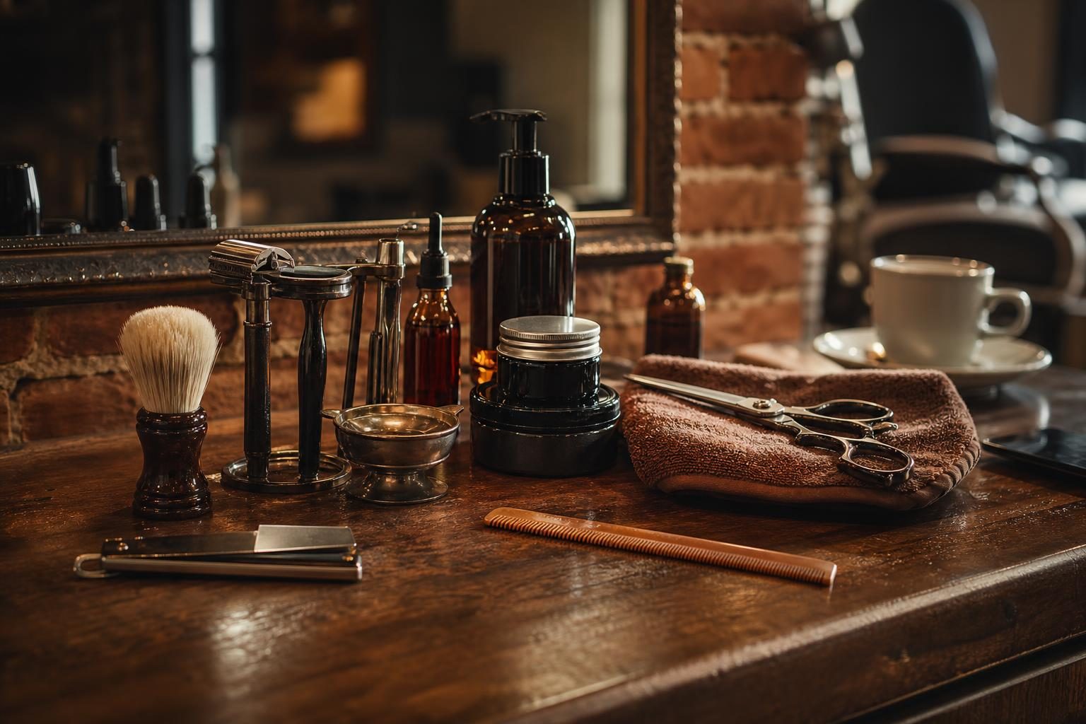 Strumenti del barbiere: rasoio a mano libera, forbici, pennello e sapone da barba