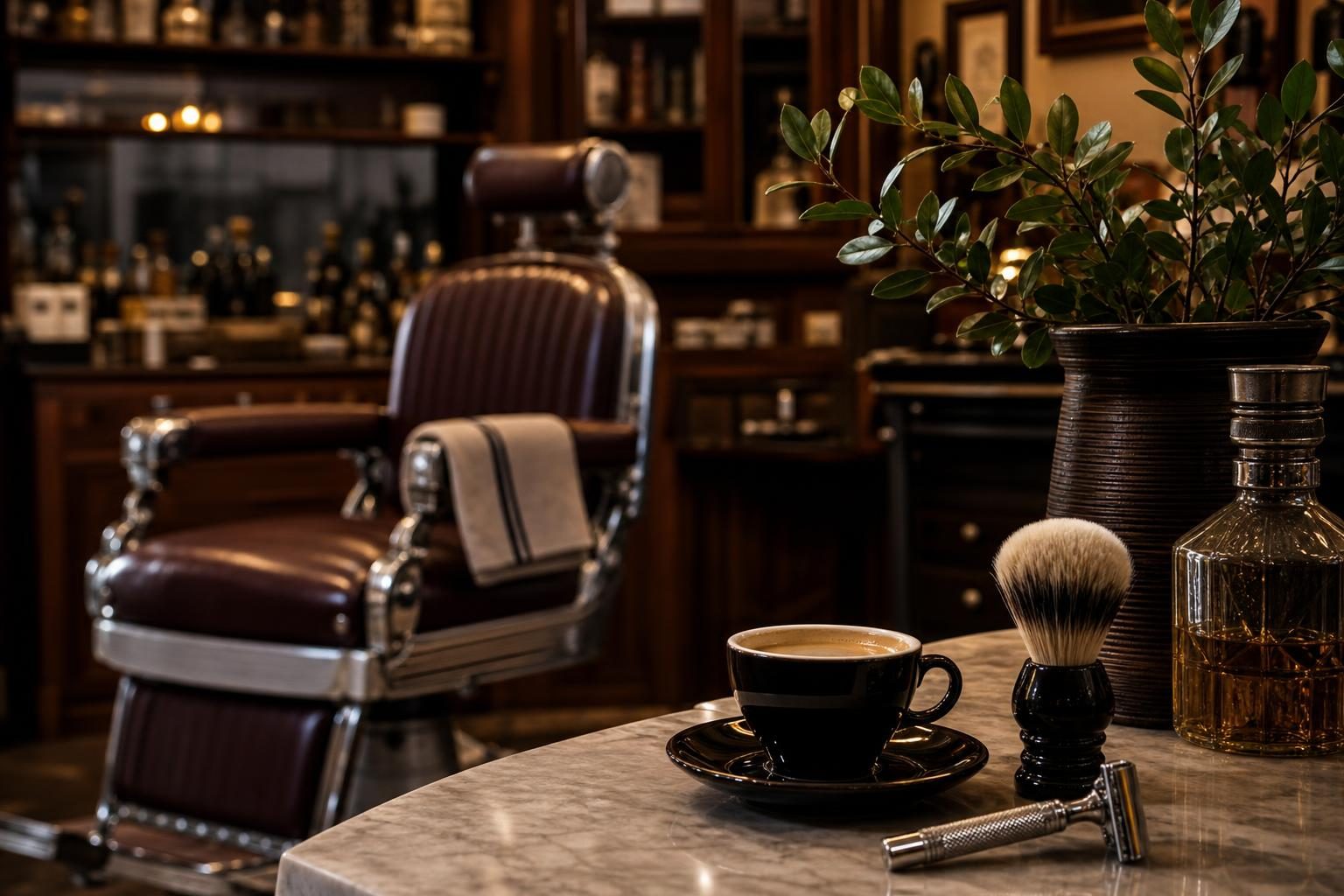 Ambiente della Barberia Vintage: dettagli d'arredo vintage e luci soffuse