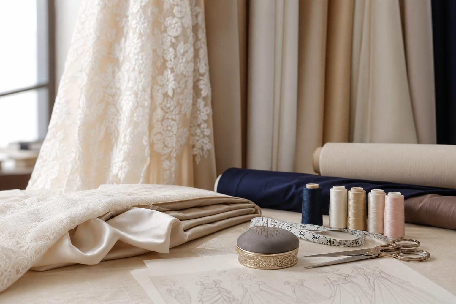 Strumenti e materiali da sartoria dell'Atelier Fiorella: forbici, spilli e filati