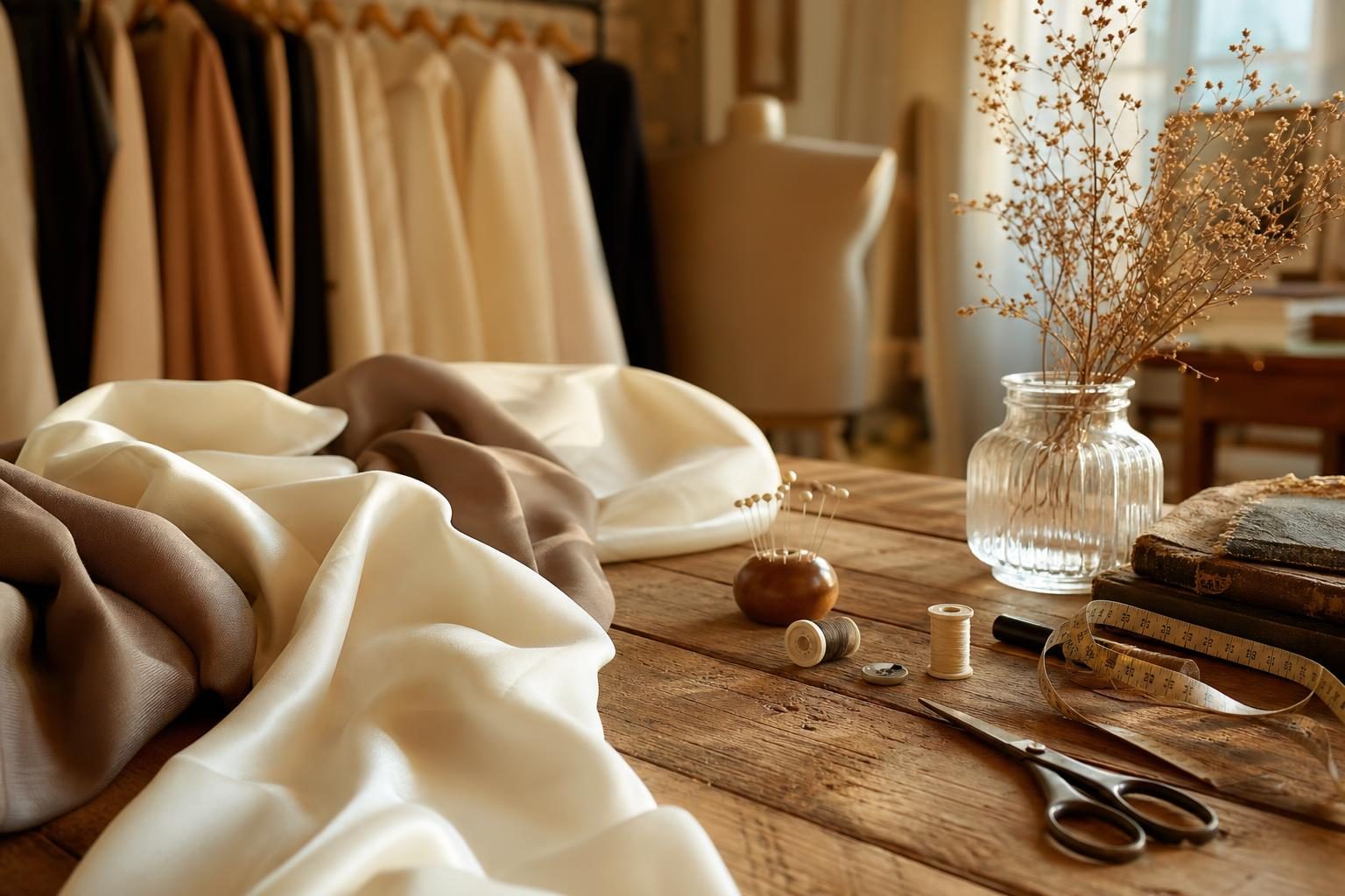 Ambiente dell'Atelier Fiorella con abiti e tessuti esposti
